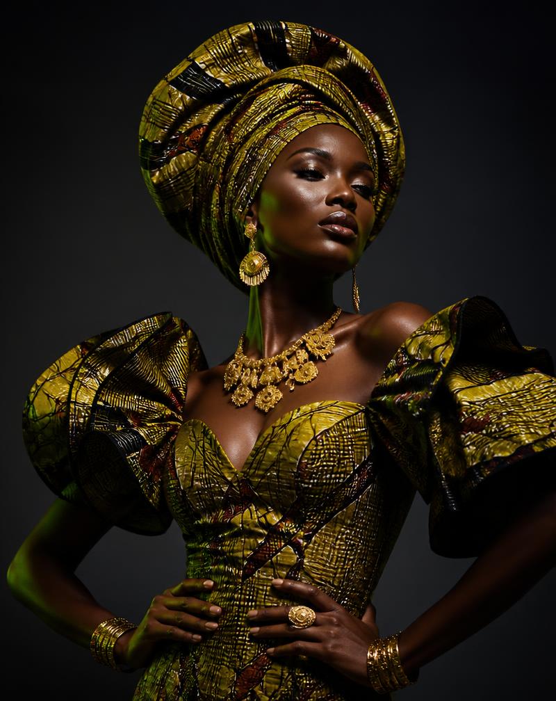 Afrocentric look in printed fabric with a sculptural headwrap