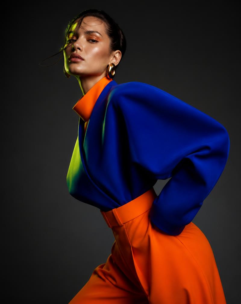 Bold colour-blocked cobalt and tangerine outfit
