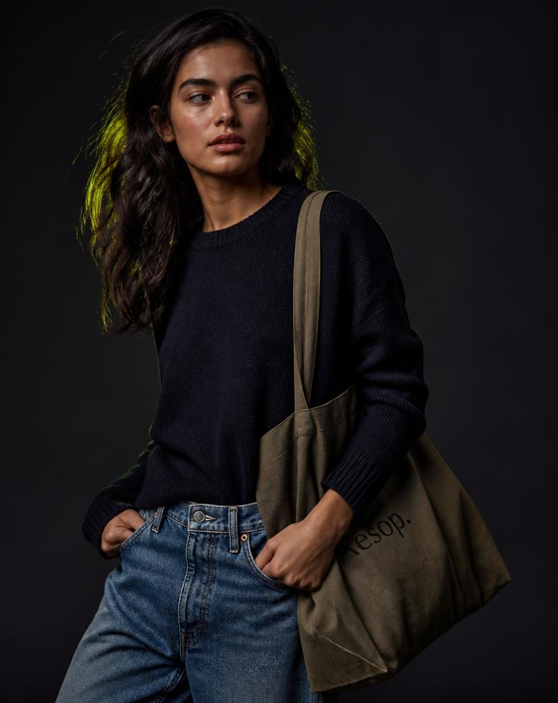 Casual look in denim and a knit sweater